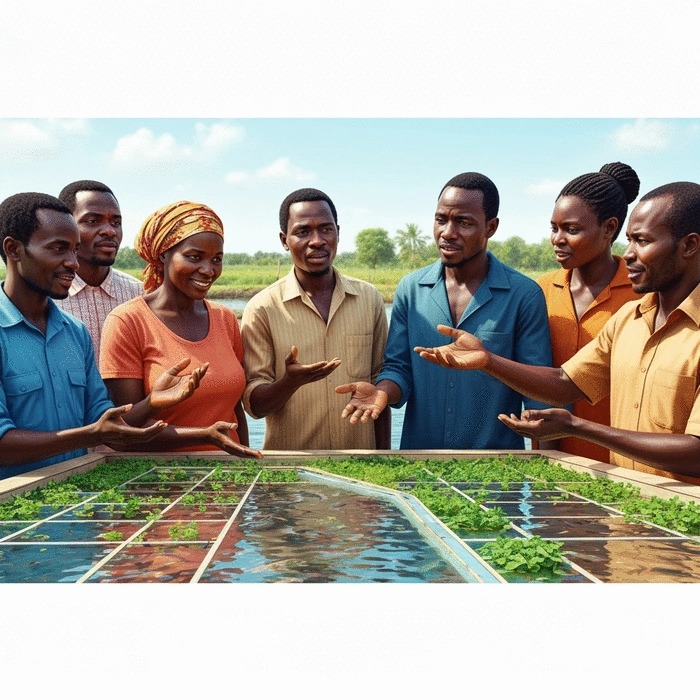 African fish farmers collaborating and sharing knowledge