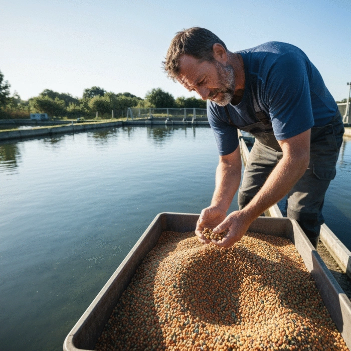 Fish farmer inspecting feed quality in a fish farm, with a focus on feed pellets and a clean, outdoor setting