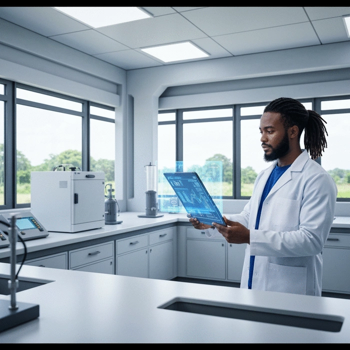 African farmer reviewing water quality data on a digital tablet at a modern aquaculture facility