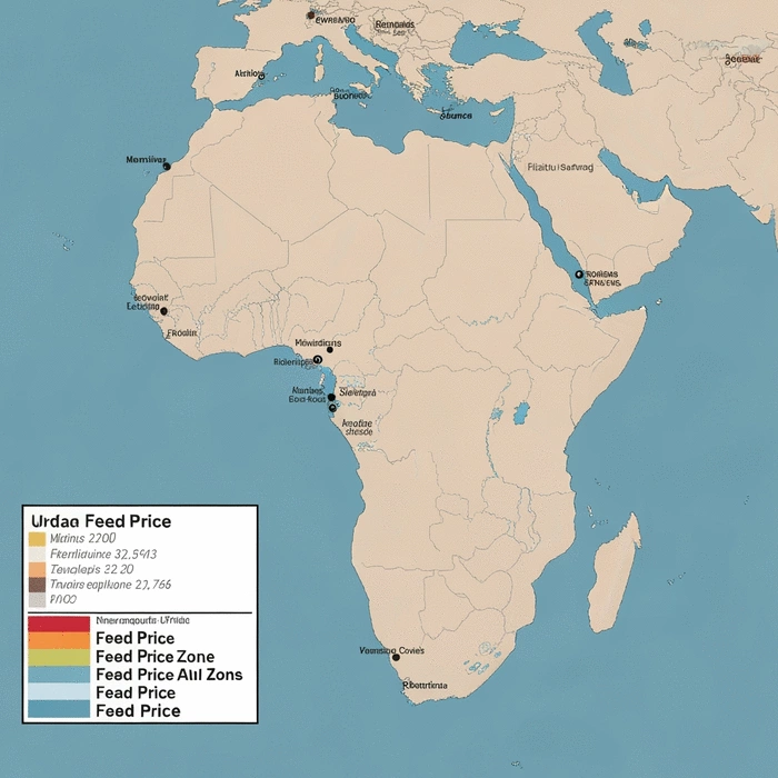 Detailed map of Africa highlighting different regions with varying feed price trends, using a clear color-coding system and including key cities and transport routes