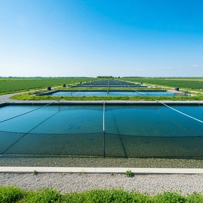 Modern fish farm with multiple ponds and clear water