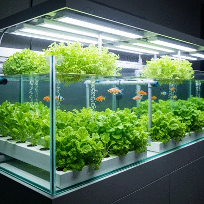 Aquaponics system showing fish tank and plant beds, clean and modern