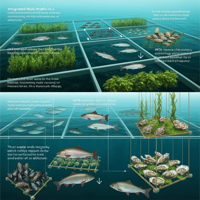 Integrated Multi-Trophic Aquaculture (IMTA) system with different aquatic organisms (fish, shellfish, seaweed) in a sustainable, modern setup, demonstrating resource efficiency. No text, no words, no typography, no labels, clean image.