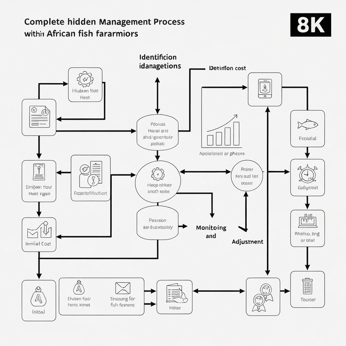 Comprehensive flowchart showing the complete hidden cost management process from identification through monitoring and adjustment, with specific decision points and action triggers for African fish farming operations, clean, modern design, no text, no words, no typography, 8K