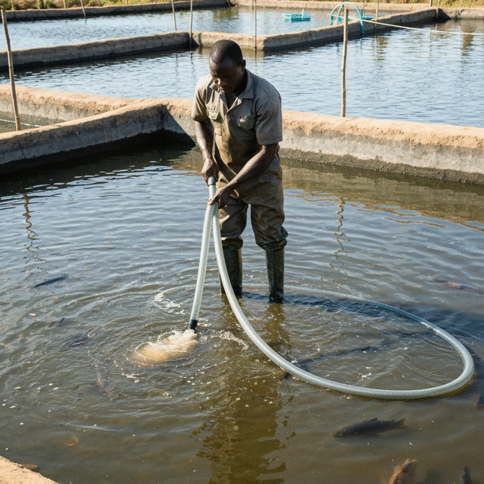 Fish farmer siphoning waste from the bottom of a fish pond