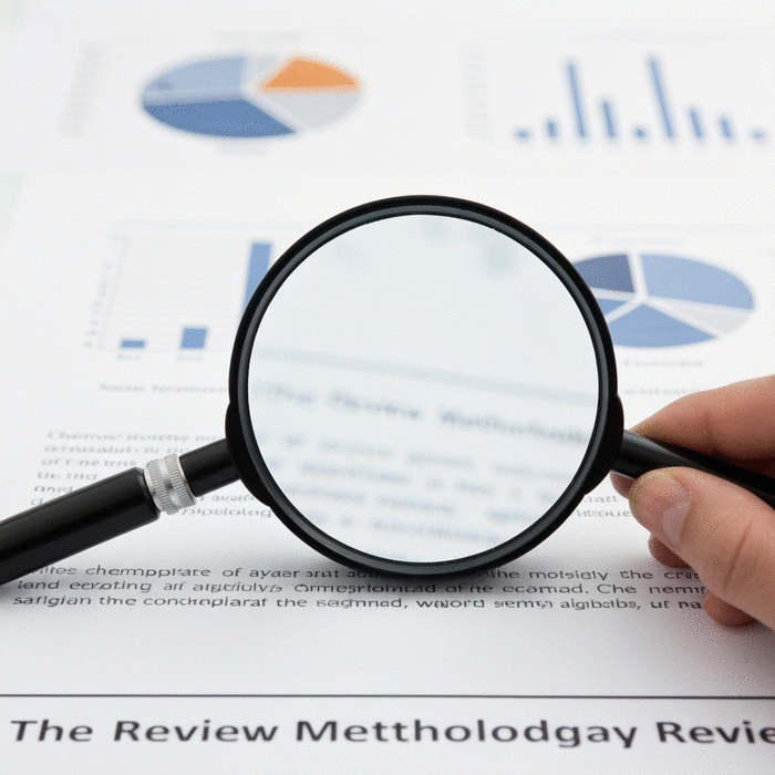 Magnifying glass over a document detailing review methodology, with charts and data visible in the background, no text, no words, no typography, clean image