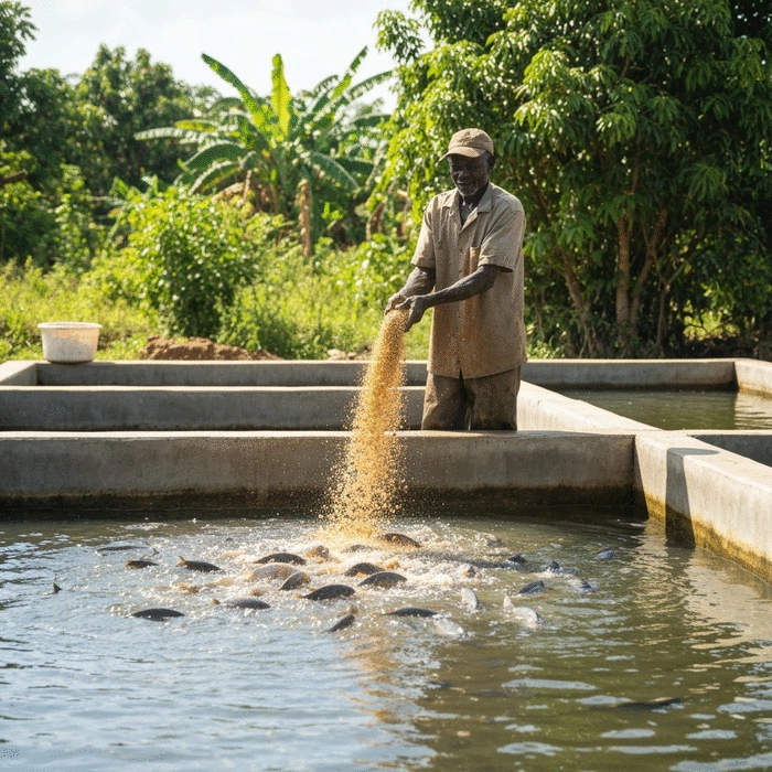 African farmer distributing feed over concrete fish pond, organized feeding activity, professional commercial fish farm operations, tropical West African setting, natural lighting