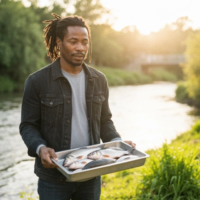 Person reviewing fish farming regulations on a tablet in an outdoor setting