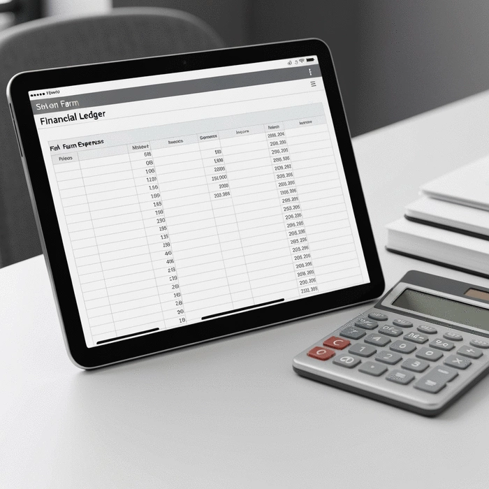 Financial ledger or spreadsheet open on a tablet, showing columns for fish farm expenses and income, with a calculator nearby