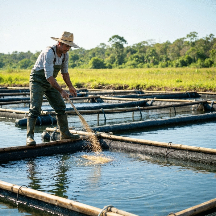 Fish farmer observing fish feeding in a pond, demonstrating careful feeding techniques