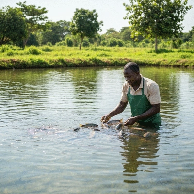 Fish farmer inspecting fish in a modern aquaculture pond in Africa, clear water, healthy fish