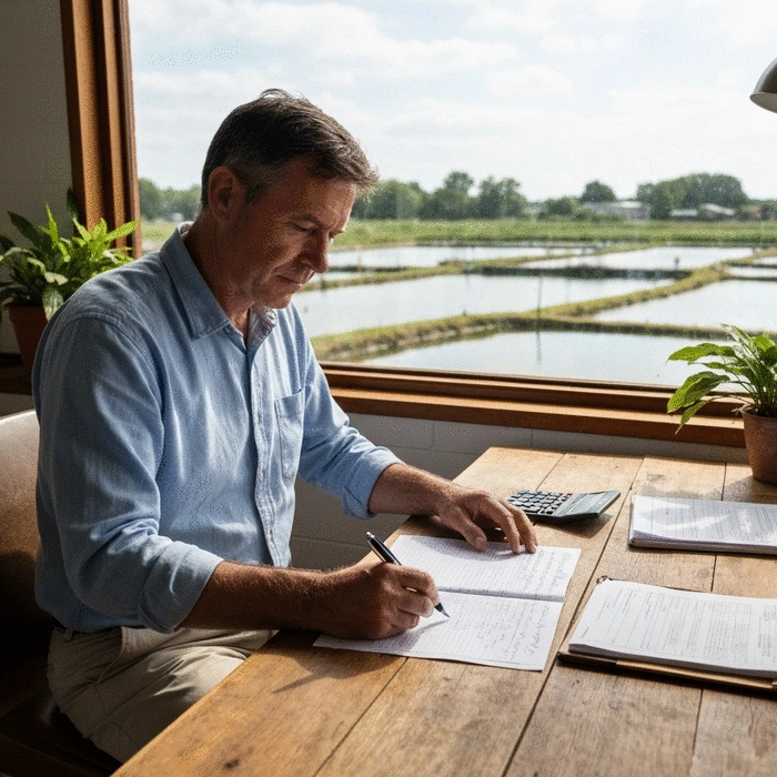 African farmer reviewing handwritten farm records in notebook at desk