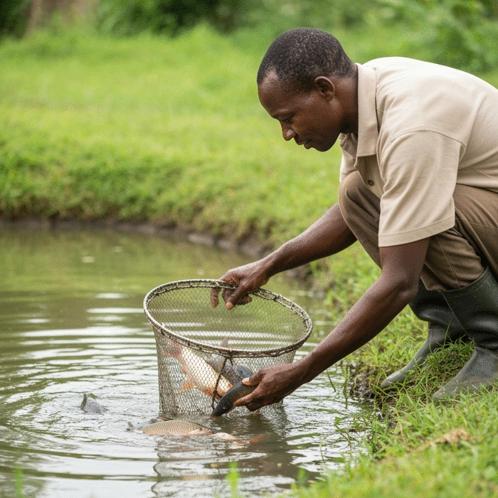 African farmer inspecting fish in a pond, focusing on healthy growth and water quality, no text, no words, no typography, clean image