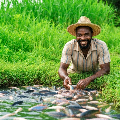 African fish farmer inspecting a pond, showing healthy fish, with a lush green background