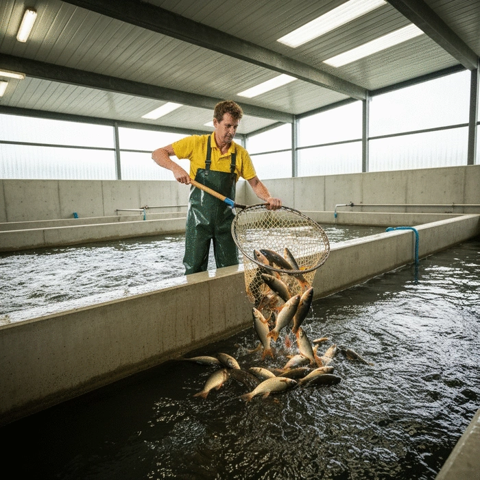 African fish farmer using a digital tablet to review water quality data and farm records, with a view of modern concrete fish tanks in the background, professional aquaculture operation, West African setting, natural lighting, documentary style, no text, no words, no typography, 8K resolution, 4:3 aspect ratio