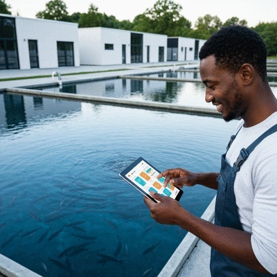 African fish farmer using a digital tablet to manage compliance