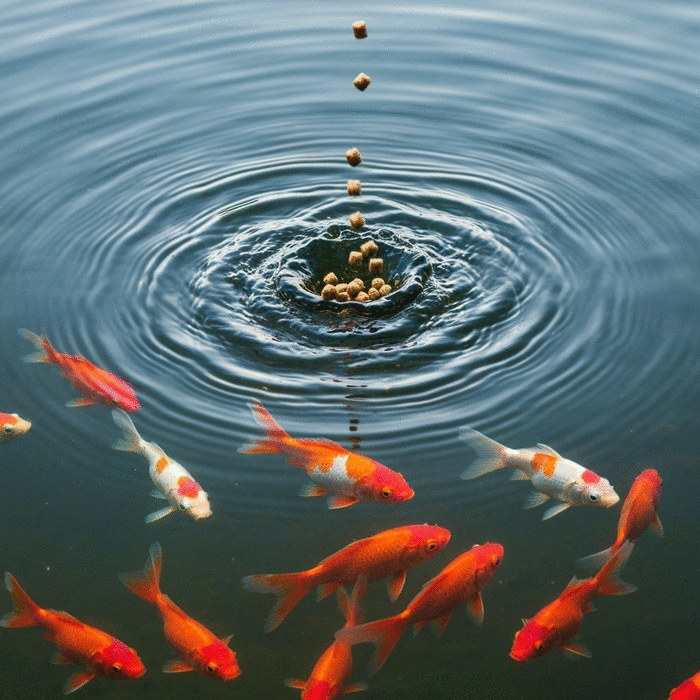 Close-up of fish pellets being dropped into a pond, creating ripples, with healthy fish swimming below