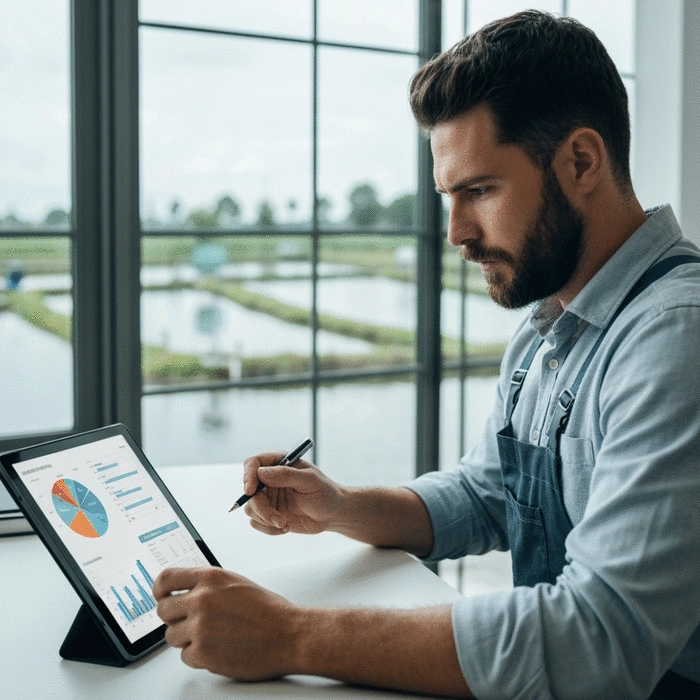 Fish farmer reviewing financial charts and data on a tablet, showing cost analysis and profit margins, with fish ponds in the background
