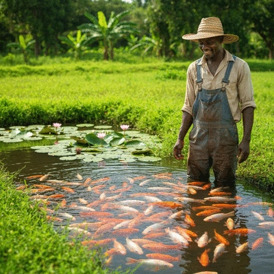 African fish farmer inspecting a healthy pond with tilapia fish, lush green surroundings, no text, no words, no typography, clean image