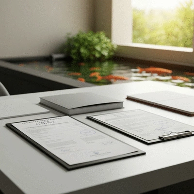 Fish farming permits and documents on a desk with a fish tank in the background