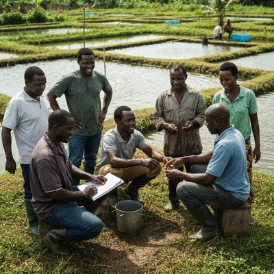 Group of African fish farmers collaborating and sharing knowledge