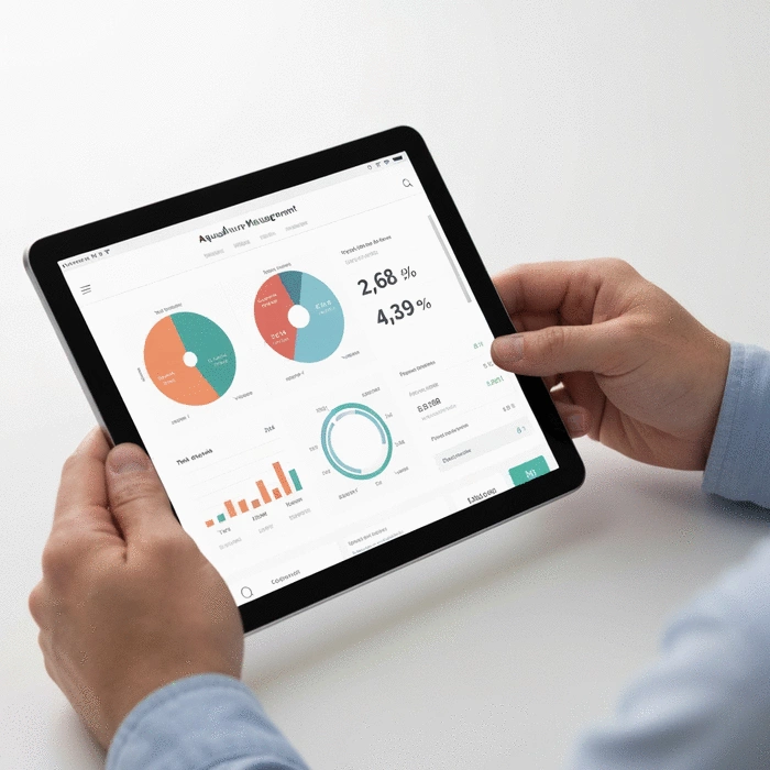 Person analyzing financial data on a tablet for fish farming