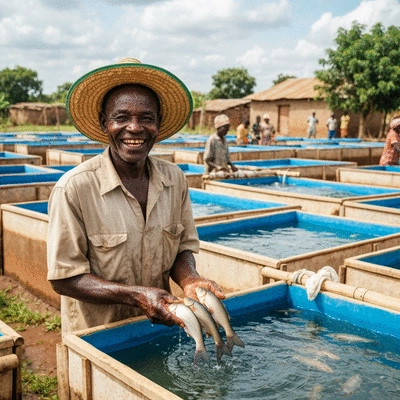 African farmer smiling while working with fish in a sustainable aquaculture setup