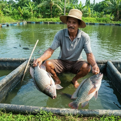 Nigerian fish farmer smiling, holding a healthy fish