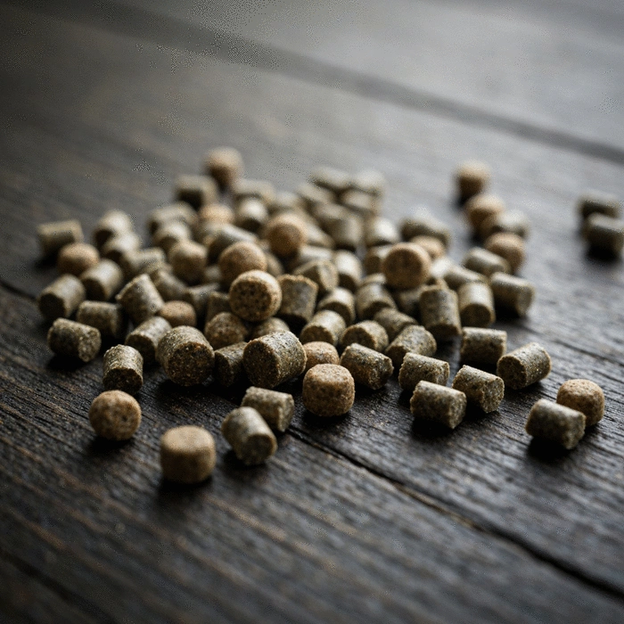 Different types of fish feed pellets in bowls, representing feed quality