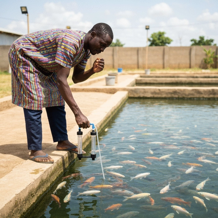 African fish farmer inspecting water quality in a pond