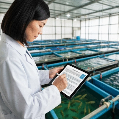 Person reviewing fish farming regulations on a tablet
