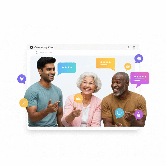 Diverse group of people interacting on a modern digital platform, smiling and engaged, with chat bubbles and community icons, clean image, no text, no words, no typography