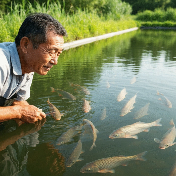 Fish farmer observing healthy fish in a clean pond, illustrating lean production and sustainability