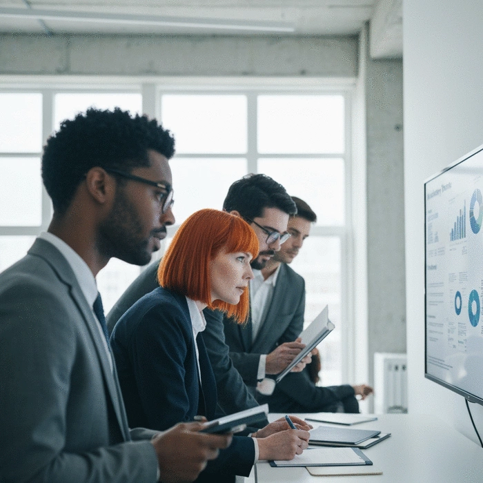 Professional looking team of diverse experts engaged in a training session, focused on a large screen displaying industry trends, knowledge sharing, no text, no words, no typography, clean image