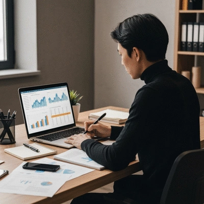 Person analyzing fish farming market data on a laptop with graphs and charts
