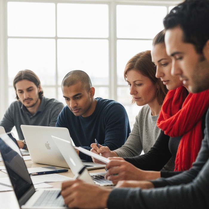 Diverse team collaborating on product reviews in a modern office, focused on laptops and notes, no text, no words, no typography, clean image