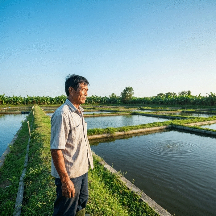 African fish farmer looking stressed while reviewing handwritten farm records and expenses in a notebook, calculator and pen on desk, office setting with a window showing a fish farm in the background, natural lighting, documentary style