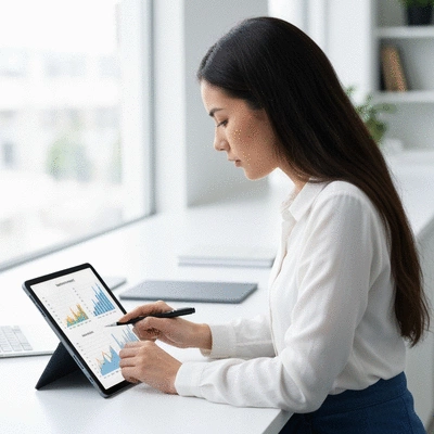 Person analyzing fish market data on a tablet, with charts and graphs