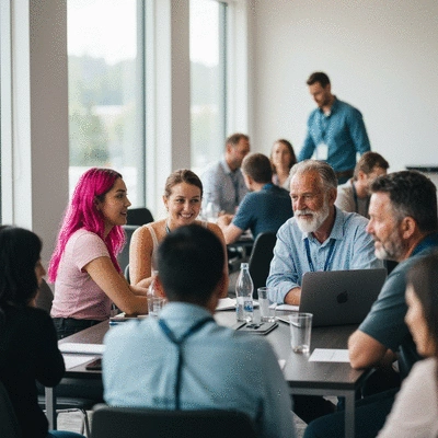 Fish farming community members networking and discussing in a modern setting