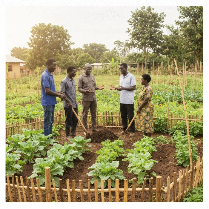 African community members discussing fish farming challenges