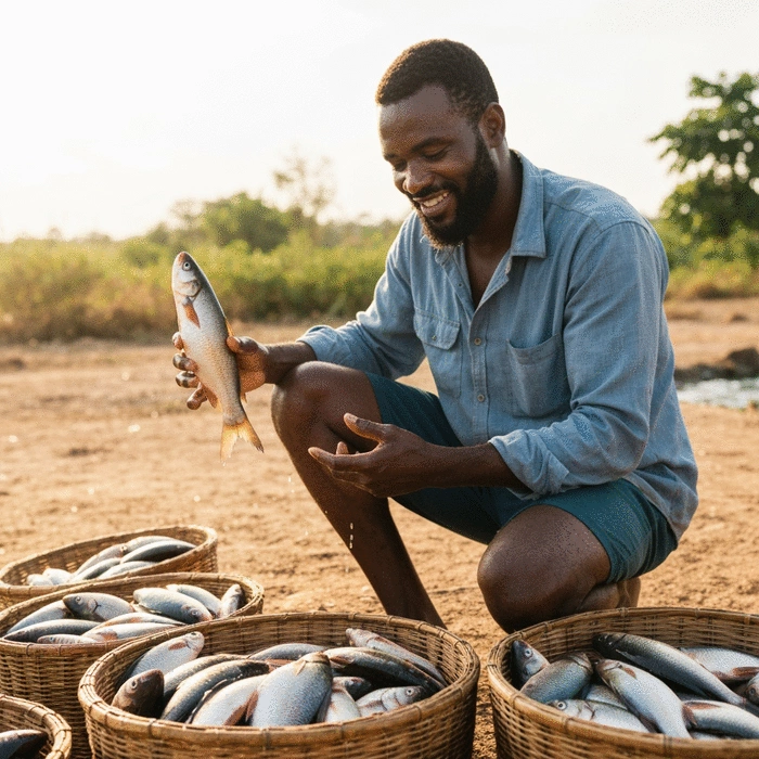 African fish farmer confidently reviewing a successful harvest, with full baskets of fish and a satisfied expression