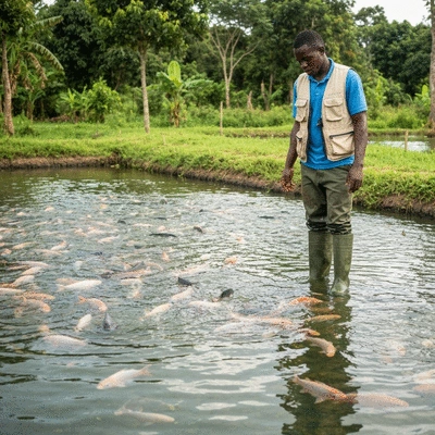 African fish farmer inspecting a fish pond, representing aquaculture growth