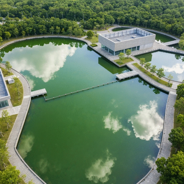 Aerial view of organized rectangular concrete fish pond system at modern commercial African fish farm, clean blue-green water, professional aquaculture facility, tropical vegetation, natural lighting