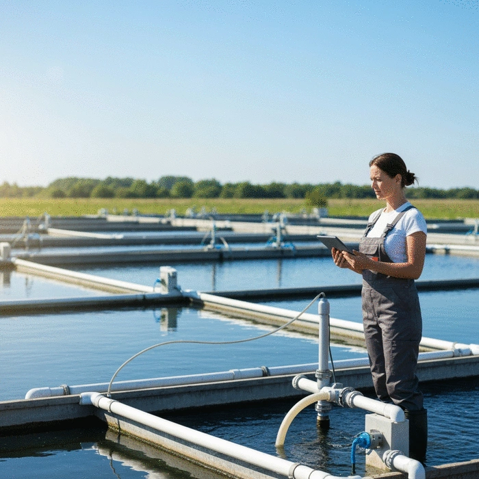 Modern aquaculture farm with automated feeding systems and clean ponds, fish farmer checking water quality on a tablet