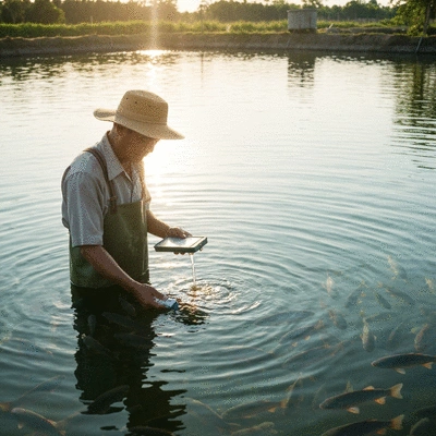 African fish farmer inspecting water quality in a pond