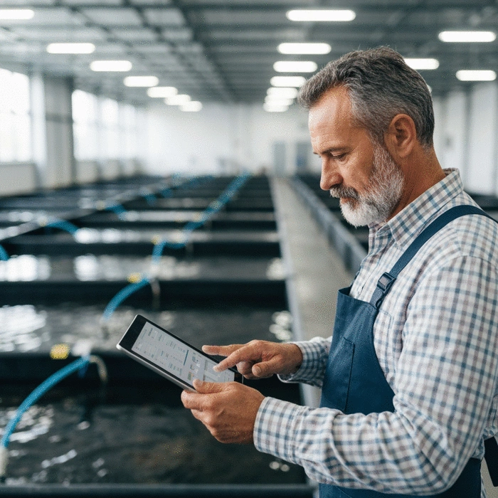Fish farmer using a tablet to monitor data in a modern fish farm