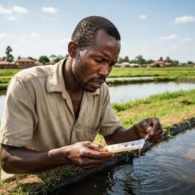 Fish farmer testing water quality in a fish pond, looking at a test kit with a concerned expression