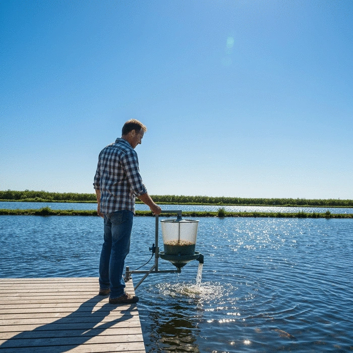 Farmer using an automatic fish feeder on a large fish pond