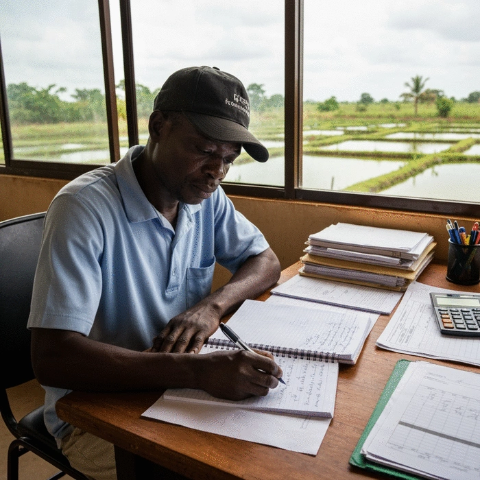 African farmer reviewing handwritten farm records in notebook at desk