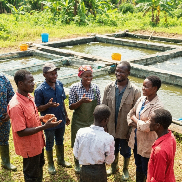 African fish farmers discussing sustainable practices in a vibrant, natural setting